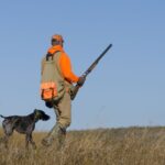 pheasant hunter dressed warmly walking with dog in field